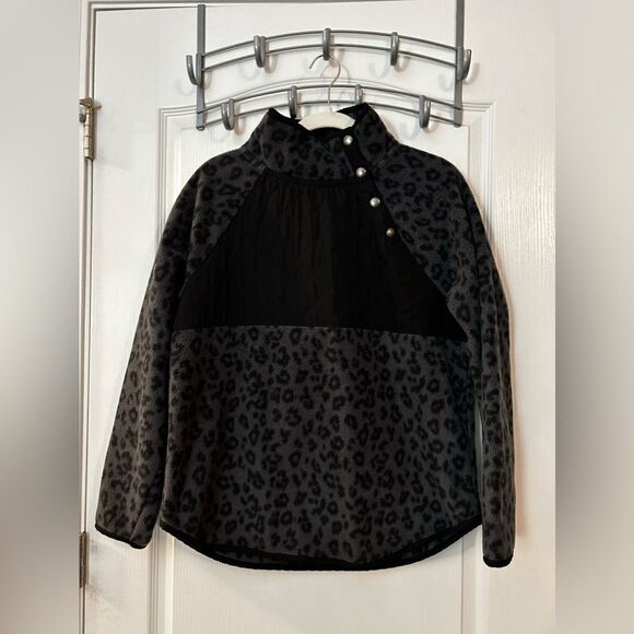 J Crew Quilted Button-Neck Sherpa fleece‎ Tunic Medium black gray Leopard BA200 - Picture 7 of 16